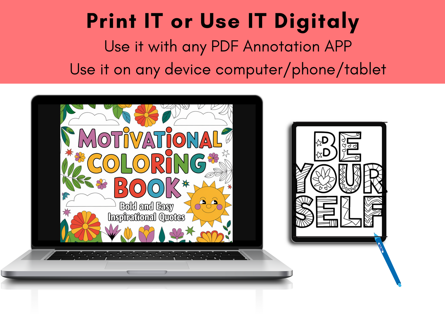 Motivational Quotes Digital Coloring Book | Bold & Easy Designs