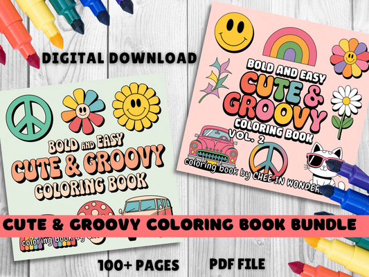 Cute & Groovy Digital Coloring Book Bundle | 100+ Designs